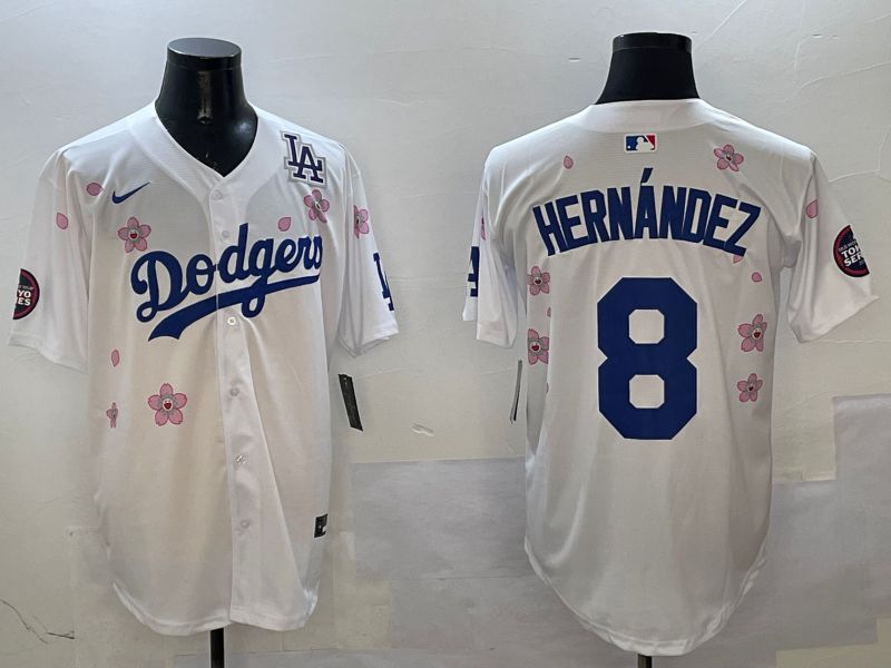 Men Los Angeles Dodgers #8 Hernandez White Sakura Edition 2025 Nike MLB Jersey style 4